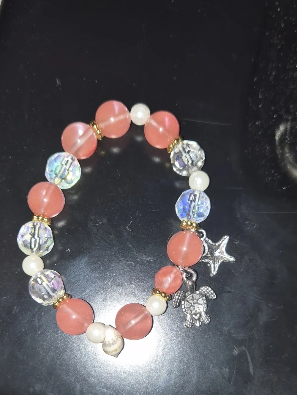 Pink Beaded Charm Bracelet with Star & Turtle